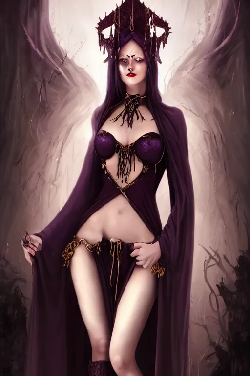 Prompt: Dark Fantasy portrait, Necromancer, female, gorgeous, beautiful face, dark garments, dark pruple robes, gold bracelet, Black cloak from neck to ankles, fishnets pantyhose, F-cup, kiss, pin-up, shapely toned derriere, digital painting, illustration, by WLOP, Frank Franzzeta and Sakimichan, artstation