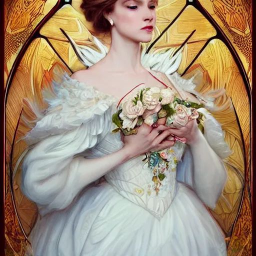 Prompt: a queen with a decorated dress made of white and cream colored roses holding a realistic and detailed white swan in her arms, highly detailed, digital painting, Trending on artstation , HD quality, by artgerm and greg rutkowski and alphonse mucha, dramatic light, octane