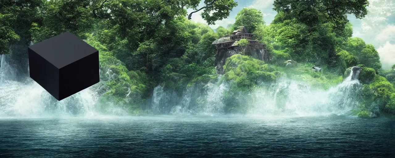 Prompt: One perfectly shaped black cube, hyper realistic, floating on the right side of a beautiful enchanted landscape with trees and waterfalls, in the style of Hayao Miyazaki