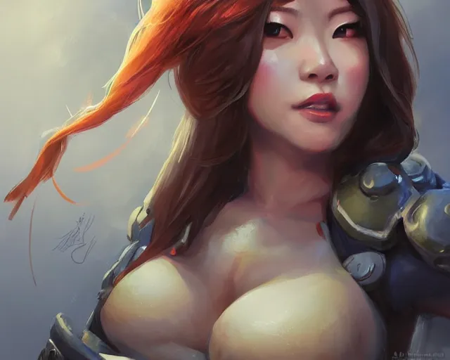 Prompt: portrait of mei from overwatch as a beautiful female bodybuilder amazon with plump lips, elegant, fantasy, hd shot, digital portrait, beautiful, artstation, comic style, by artgerm, guy denning, jakub rozalski, magali villeneuve and charlie bowater