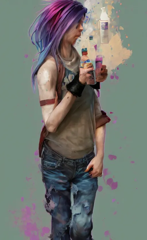 Image similar to a grungy woman with rainbow hair, drunk, holding bottle, soft eyes and narrow chin, dainty figure, long hair straight down, torn kawaii shirt and baggy jeans, basic white background, In style of by Jordan Grimmer and greg rutkowski, crisp lines and color,