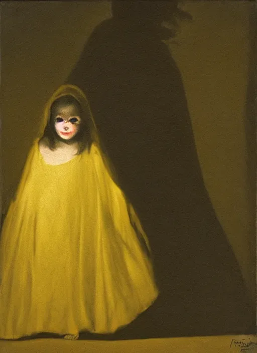 Prompt: shadows in the dark lurking on a lost little girl wearing a gold cloak, backlight, creepy, extremely realistic and highly detailed painting by francisco goya, soft light, gold ratio