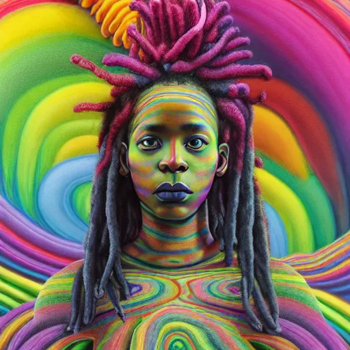 Image similar to a wide angle shot of a black girl with colorful dreadlocks in a field of candy, by Adi granov and afarin sajedi and amanda sage and evgeni gordiets and Agostino Arrivabene and adonna khare in a psychedelic portrait style, ultrarealistic matte painting, volumetric lighting, fractal, extremely symmetrical, highly detailed face, orisha, 8k, hd