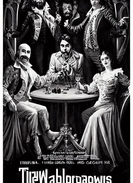 Prompt: old movie poster from 8 0 - s with three vampires from < < what we do in the shadows > > sitting around a table, baroque style art by gustave dore, neon lights in the background, dramatic light