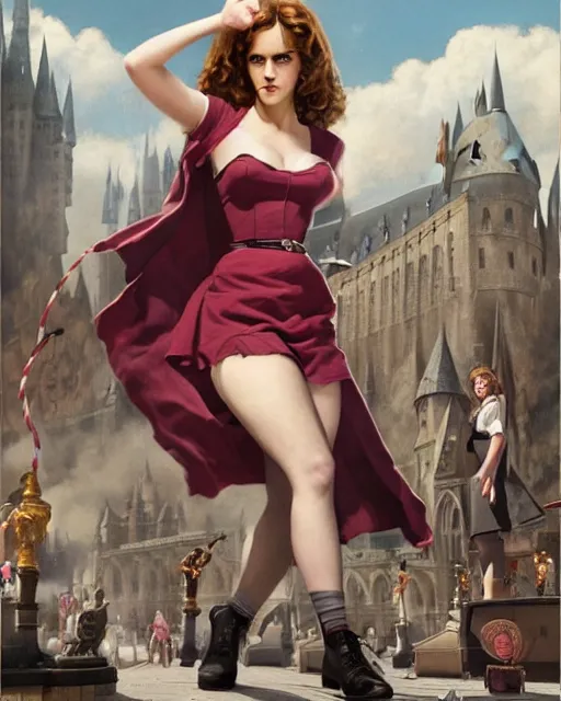 Prompt: pinup photo of hermione granger by emma watson in the crowded square of the city, by greg rutkowski, gil elvgren, enoch bolles, kezie demessance, glossy skin, pearlescent, very coherent, very detailed, harry potter film still