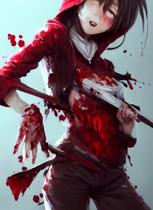 Image similar to a highly detailed illustration of short hair cute japanese girl wearing blood stained hoodie and bandages on legs, dramatic sadistic smile pose, intricate, elegant, highly detailed, centered, digital painting, artstation, concept art, smooth, sharp focus, league of legends concept art, WLOP