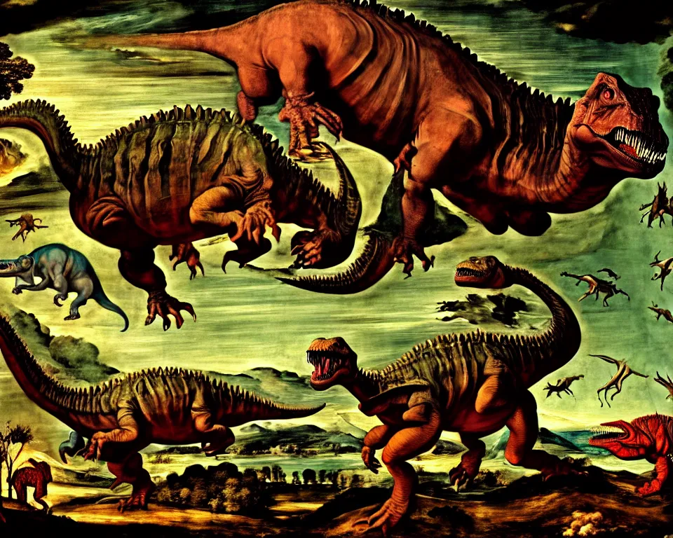 Prompt: the extinction of the dinosaurs by Raphael, Goya, and Tintoretto. detailed, trending on artstation.