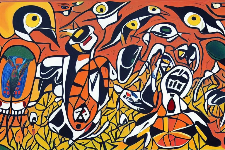 Image similar to a painting by norval morriseau of elon musk being eaten by vultures,