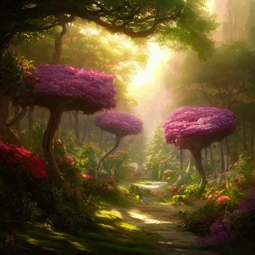 Image similar to a forest with giant flowers for trees, fantasy character portrait by tyler edlin, antoine blanchard, thomas cole