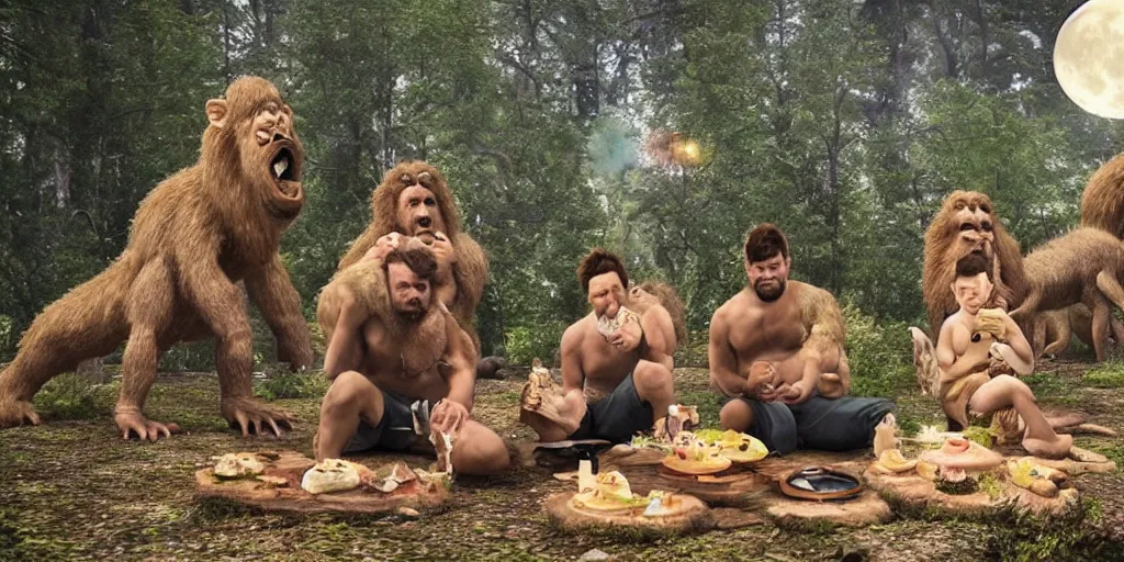 Image similar to ultra realistic photo, three hairy fat neanderthal people, emma!! watson!!, eating outside, surrounded by dinosaurs!, gigantic forest trees, sitting on rocks, bright moon, birthday cake on the ground, front view