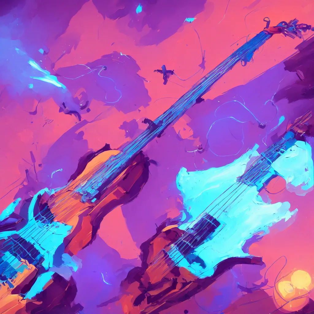 Prompt: guitar, by greg rutkowski, by anton fadeev, by rhads, 4 k,, glowing blue veins, purple glowing wires