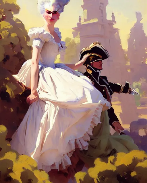 Prompt: marie antoinette in a french dress, wearing a jetpack!!!!!!!!!!!!!!!!!!!, flying, jodhpurs greg manchess painting by sargent and leyendecker, studio ghibli fantasy intricate elegant matte painting illustration hearthstone, by greg rutkowski by greg tocchini by james gilleard