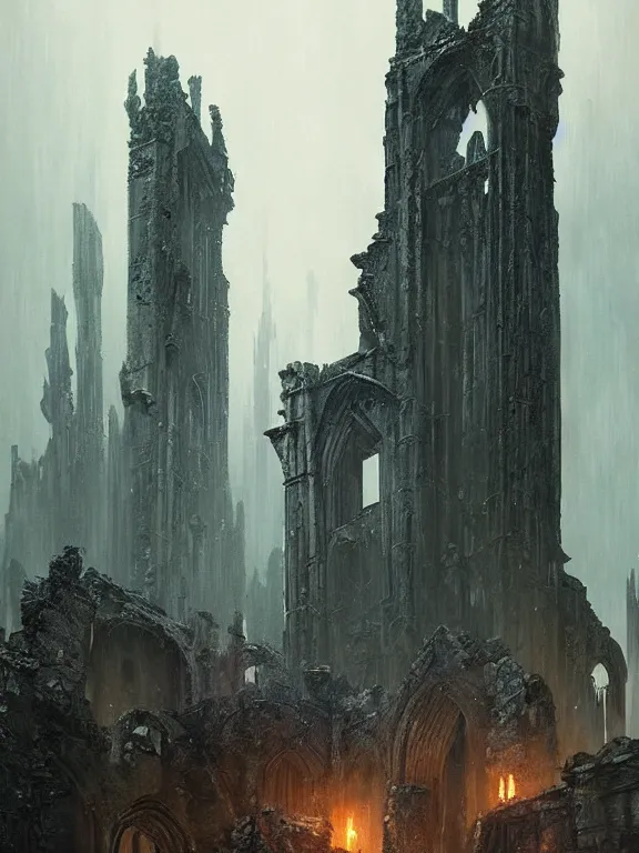 Image similar to a gothic ruins,by James Paick,Greg Rutkowski,aaron horkey,trending on pinterest,Blade Runner 2049,luxury,mythological,ultra realistic,high detail,golden ratio,cinematic lighting,maximalist