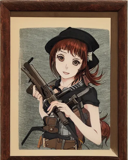 Image similar to portrait of a girl holding a pistol, detailed manga art panel, professional