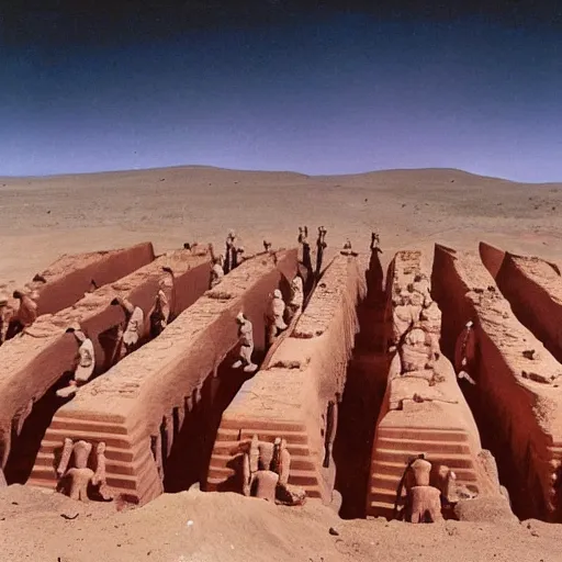Image similar to full - color 1 9 7 2 photo of dozens of terra - cotta warrior sculptures being excavated from a buried ancient alien temple on the moon by archaeologists wearing space - suits at a dig - site. high - quality professional journalistic photography from time magazine.