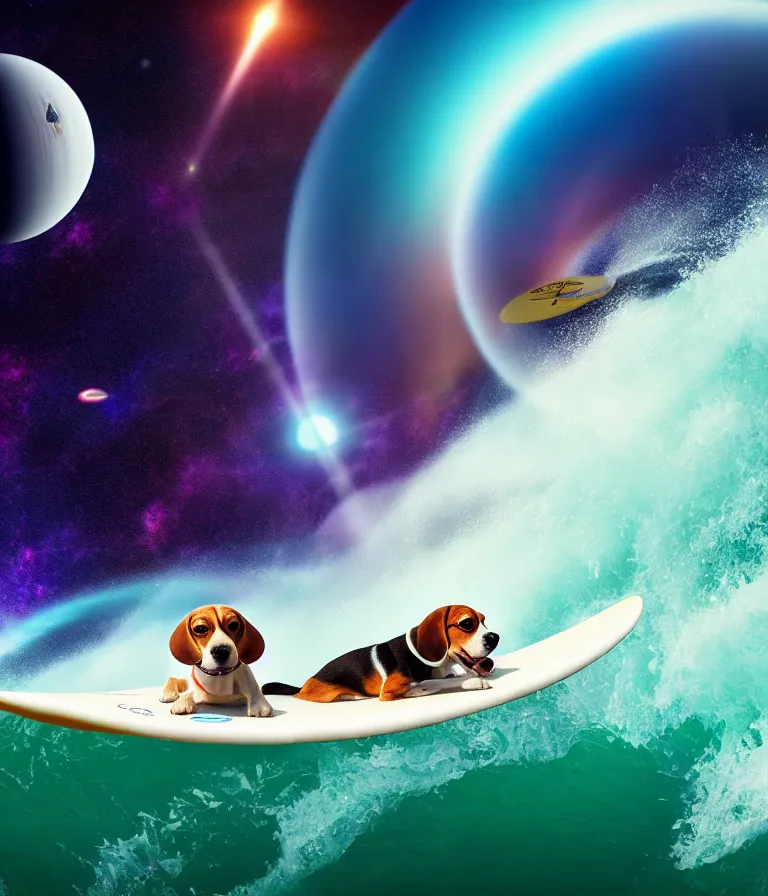 Image similar to beagle dog surfing a surfboard on a crashing l wave of alien ocean in space, background is an alien galaxy, aliens in the background, alien colors, octane render, unreal engine, wide view, 8 k, high detaild