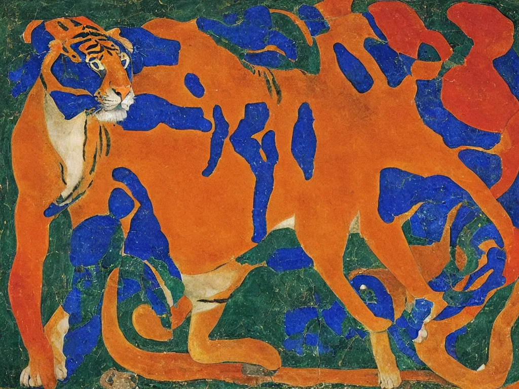 Image similar to portrait of a tiger. lapis lazuli, malachite, cinnabar, gold. painting by piero della francesca, balthus, agnes pelton