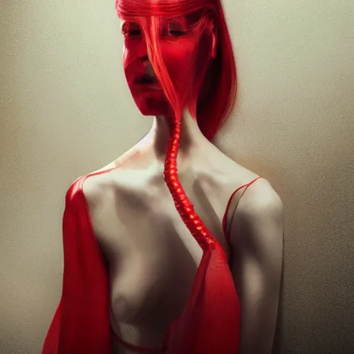 Prompt: portrait of a beautiful tall and feminine albino supermodel dressed in a abbaya, photograph, award wining, red and white, trending on artstation, punk attitude, 4k, unreal engine 5, octane render, neon highlights with red long wavy hair drawn by Donato Giancola and Tom Bagshaw and Julie Bell, face by Artgerm, overall design by Alphonse Mucha, background by James Jean and Gustav Klimt, 4k, porcelain skin, komorebi, french nouveau, trending on artstation, octane render, hyperrealistic