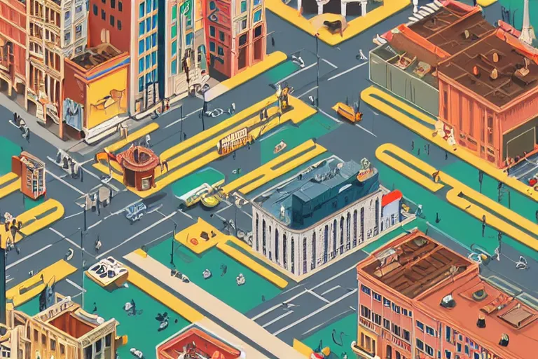 Image similar to highly detailed isometric illustration of a city scape by Wes Anderson, hyperrealistic, photorealistic, artstyle, highly detailed, sharp