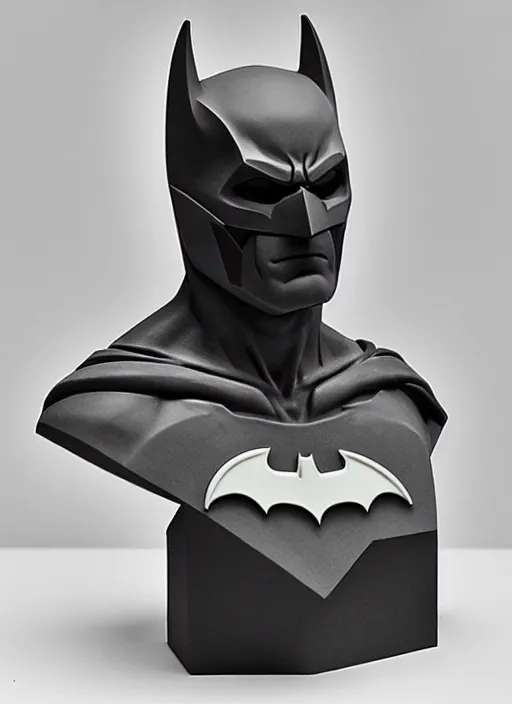 Prompt: an orthographic bust white marble sculpture of batman, studio lighting by Wes Anderson