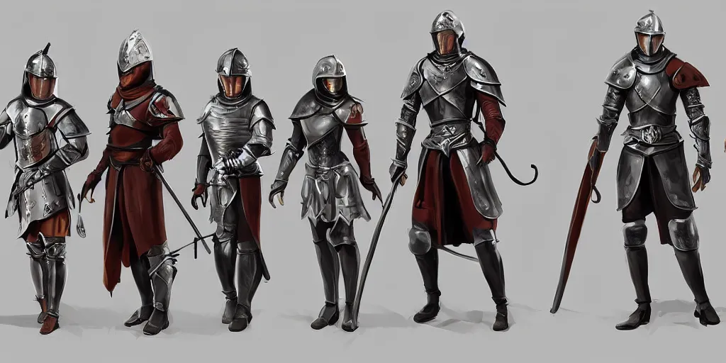 Image similar to different views of medieval knights, concept art by senior character artist, trending on artstation, full body characters designs