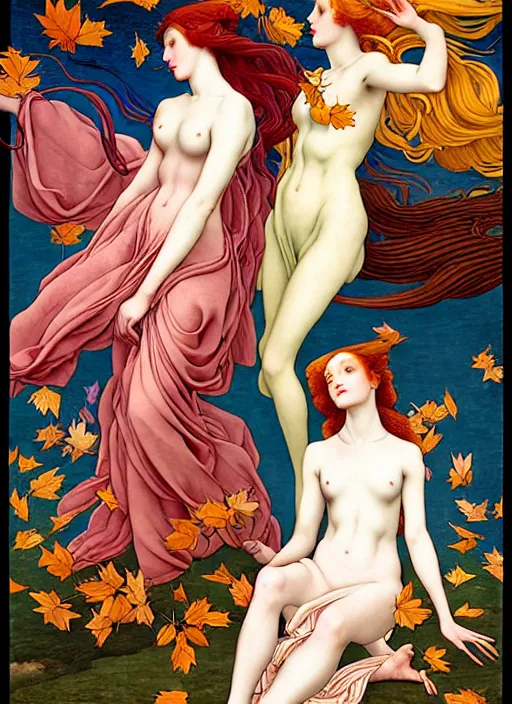 Prompt: 4 Muses symbolically representing Spring, Summer, Winter and Autumn, in a style blending Æon Flux, Peter Chung, Shepard Fairey, Botticelli, Ivan Bilibin, and John Singer Sargent, inspired by pre-raphaelite paintings, shoujo manga, and cool Japanese street fashion, dramatic autumn landscape, leaves falling, deep vivid tones, hyper detailed, super fine inking lines, ethereal and otherworldly, 4K extremely photorealistic, Arnold render