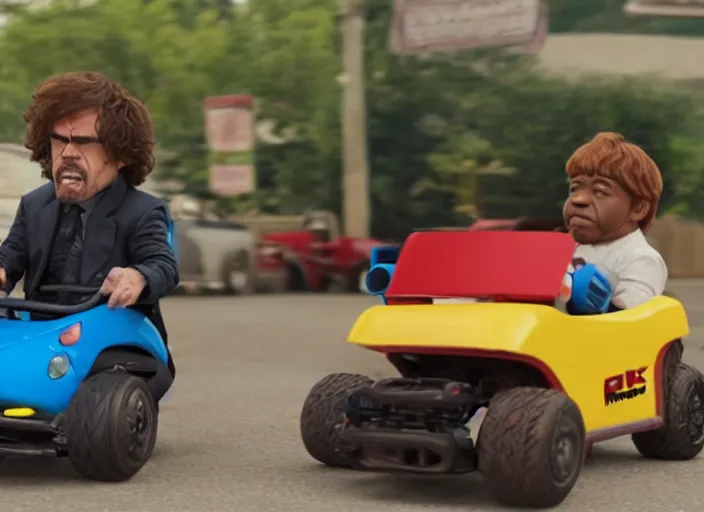 Image similar to peter dinklage racing gary coleman driving a little tikes cars, movie still, from the new fast and furious movie, 8 k, realistic