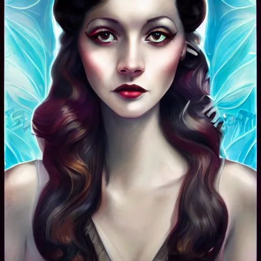 Image similar to an art nouveau, ( streamline moderne ), multi - racial portrait in the style of anna dittmann and charlie bowater and chanthara. very large, clear, expressive, and intelligent eyes. centered, ultrasharp focus, dramatic lighting, photorealistic digital matte painting, intricate symmetrical ultra detailed background.