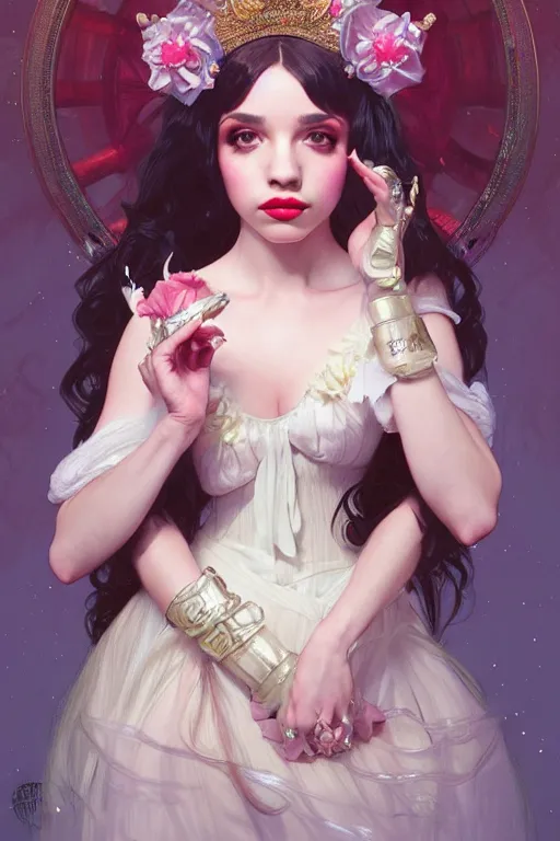 Image similar to Pop Star Melanie Martinez as a princess, fantasy, intricate, elegant, highly detailed, digital painting, artstation, concept art, matte, sharp focus, illustration, art by Artgerm and Greg Rutkowski and Alphonse Mucha