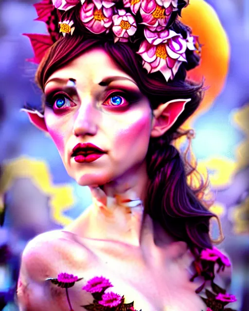 Image similar to burlesque elf, flowers in hair, fantasy character portrait, soft clouds, floral sunset, ultra realistic, concept art, intricate details, art nouveau, cinematic, highly detailed