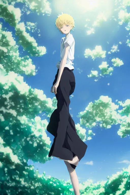 Prompt: 3D CG anime Land of the Lustrous Houseki no Kuni character Phosphophyllite person made of bluegreen gem rock with a very large chest size standing in a grassy field on a sunny day wearing a white business shirt with black tie and black shorts, side profile, dutch angle, ocean shoreline can be seen on the horizon, beautiful composition, 3D render, 8k, key visual, aesthetic, made by Haruko Ichikawa, Makoto Shinkai, studio Ghibli