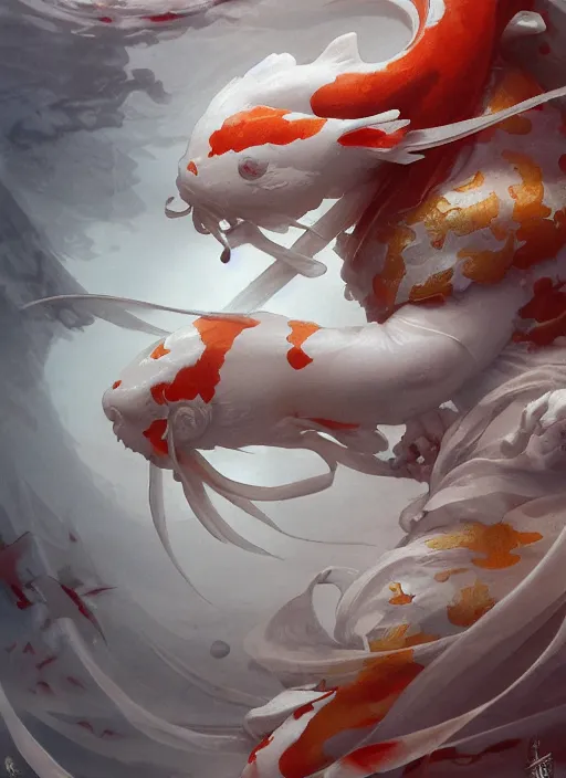 Image similar to subsurface scattering, white, koi, samurai deity with koi armor, floating ribbons, octane render, by jesper ejsing, james jean, justin gerard, tomasz alen kopera, cgsociety and fenghua zhong, highly detailed, rim light, cinematic lighting, art, very coherent, cinematic, hyper realism, high detail, 8 k