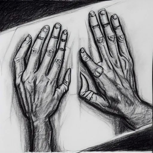 Prompt: M.C. Escher two hands drawing each other, black and white pencil sketch of real hands drawing themselves