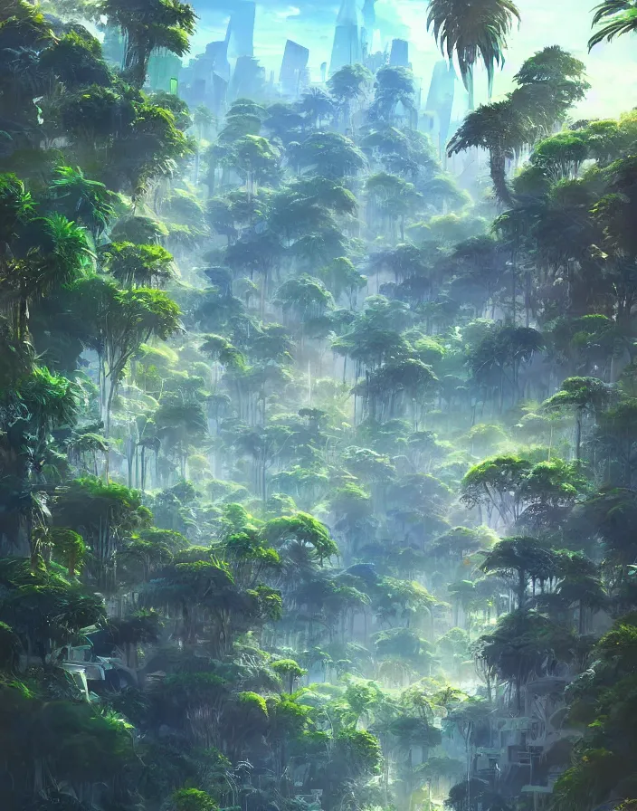 Prompt: surreal futuristic jungle oasis city, environment concept art, daytime ethereal anime, high detail Impressionist style, dreamy light color palette, style of studio ghibli and moebius, concept art stunning atmosphere, trending on artstation, volumetric light