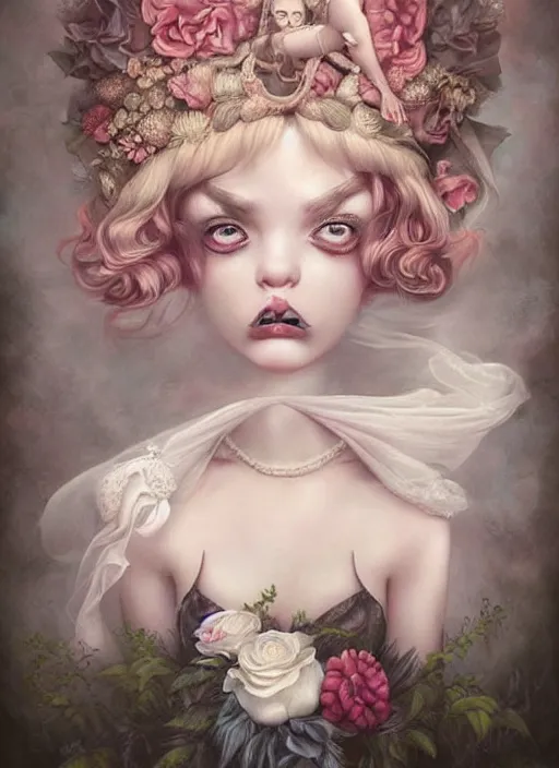 Prompt: pop surrealism, lowbrow art, realistic cute princess painting, bridal victorian fashion, hyper realism, muted colours, rococo, natalie shau, loreta lux, tom bagshaw, mark ryden, trevor brown style,