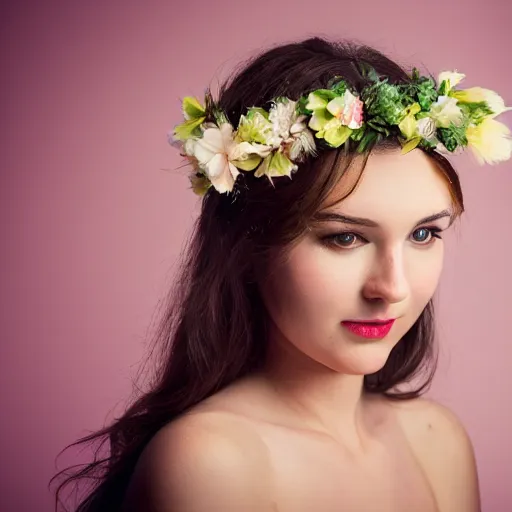 Image similar to portrait of a female with flower headpiece for photoshoot, photography