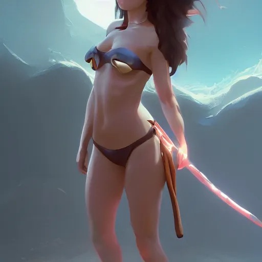 Image similar to kodak portra. by wlop, ilya kuvshinov, krenz cushart, greg rutkowski, trending on pixiv. zbrush sculpt, octane, maya, houdini, vfx. cute amazon woman wearing bikini armor. digital painting. cinematic dramatic atmosphere, sharp focus, volumetric lighting.