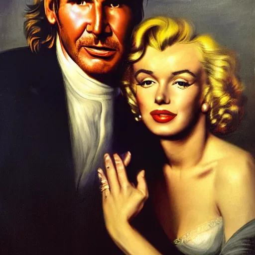 Prompt: a beautiful portrait of Harrison ford and his secretary Marilyn Monroe with long golden blond curly hair gazing warmly at the viewer, golden hour, cool tones, pale skin, by Peter Paul Rubens