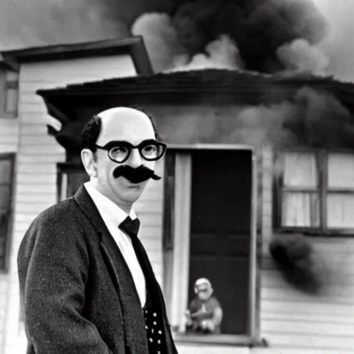 Prompt: a photo of a house burning down in the background and groucho marx with an eerie expression in the foreground, strong depth of field