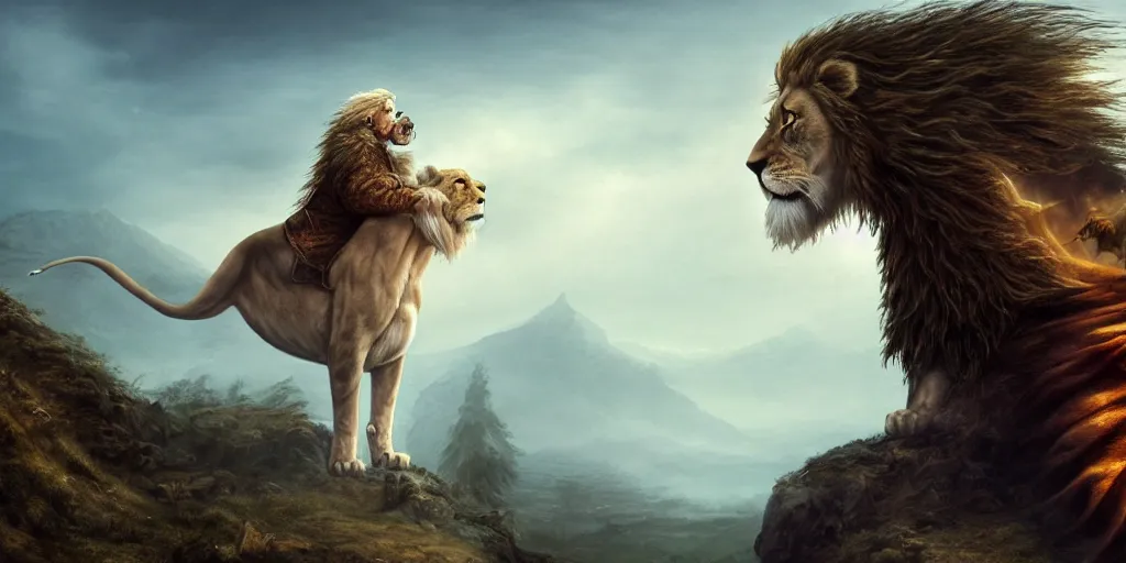 Image similar to a hooded wise old man with a long white beard wearing a brown hooded tunic riding on top of a lion, the man is on the lion, he is riding a lion, majestic, epic digital art, cinematic, trending on artstation, superb detail 8 k, wide - angle, masterpiece