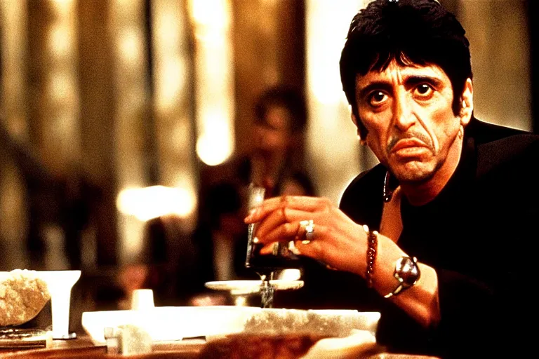 Image similar to tony montana from movie scarface 1 9 8 3 sitting at a ( big black oak table ) with ( big packages of flour ). next to the night window. ( al pacino ). perfect symmetric face, coherent eyes,, fine details, 4 k, ron cobb, cinestill