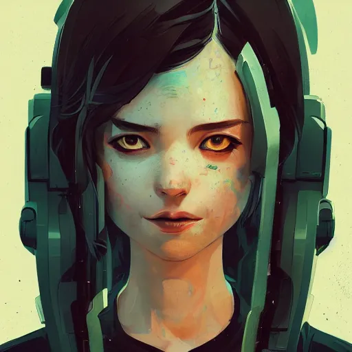 Prompt: Highly detailed portrait of a cyberpunk young lady with, freckles and wavy hair by Atey Ghailan, by Loish, by Bryan Lee O'Malley, by Cliff Chiang, by Greg Rutkowski, inspired by image comics, inspired by nier!! Gradient color scheme ((grafitti tag brick wall background)), trending on artstation