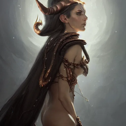 Prompt: A detailed matte painted portrait of an elf woman with small horns of copper and copper dragon scales covering her arm and neck wearing a simple white robe, by greg rutkowski, trending on artstation, dungeon and dragons art