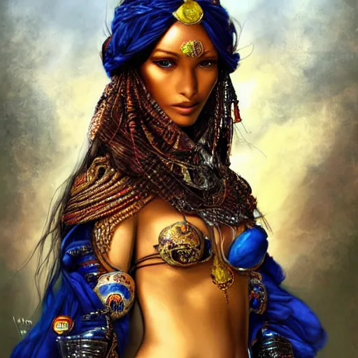 Prompt: a full body beautiful touareg woman by karol bak, ayami kojima, artgerm, sakimichan, arabian beauty, blue eyes, smile, concept art, fantasy