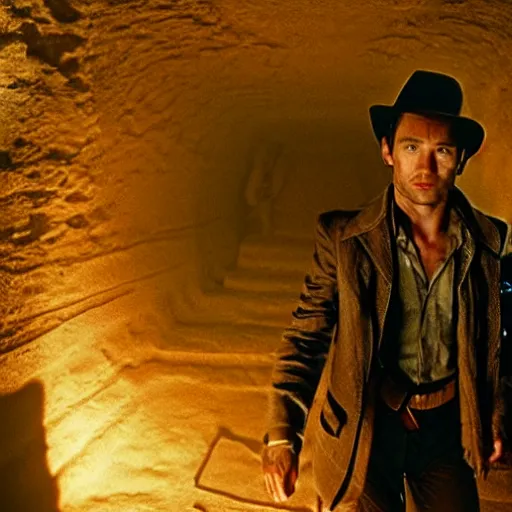 Image similar to film still of Joseph Gordon Levitt as Indiana Jones, walking through an Egyptian tomb in temple of doom film, 4k