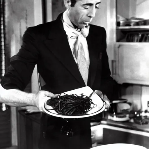 Prompt: humphrey bogart eating fettuccine