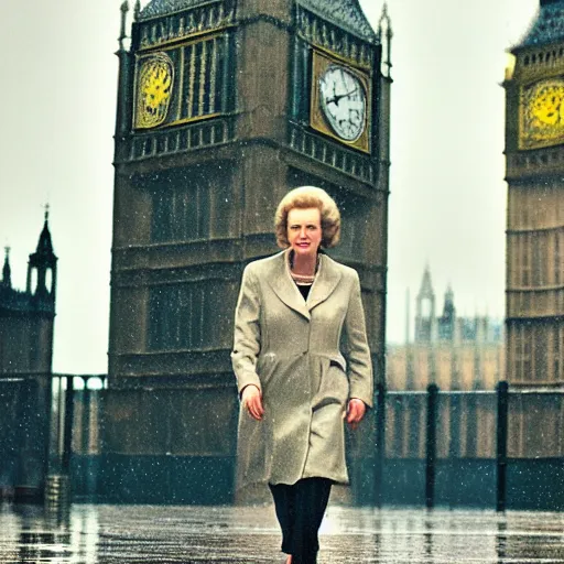 Prompt: margaret thatcher in rain rain rain drenched moist, hyper realistic cinematic color still volumetric lighting london background