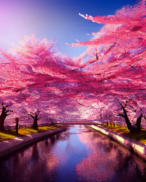 Image similar to highly stylized matte painting of cherry blossoms melting! goo robert steven connett hard daylight 8k high angle shallow depth of field