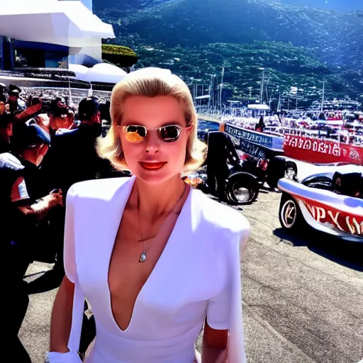 Prompt: selfie smartphone photo of a young Grace Kelly at the 2022 Monaco Gran Prix, F1 cars blurred in background, iphone photo, iPhone 12 camera, lens flares, smartphone resolution, high resolution