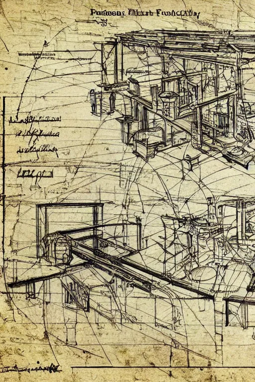 Image similar to a Leonardo DaVinci sketch of an innovation factory powered by the human imagination, in the style of a US Patent drawing